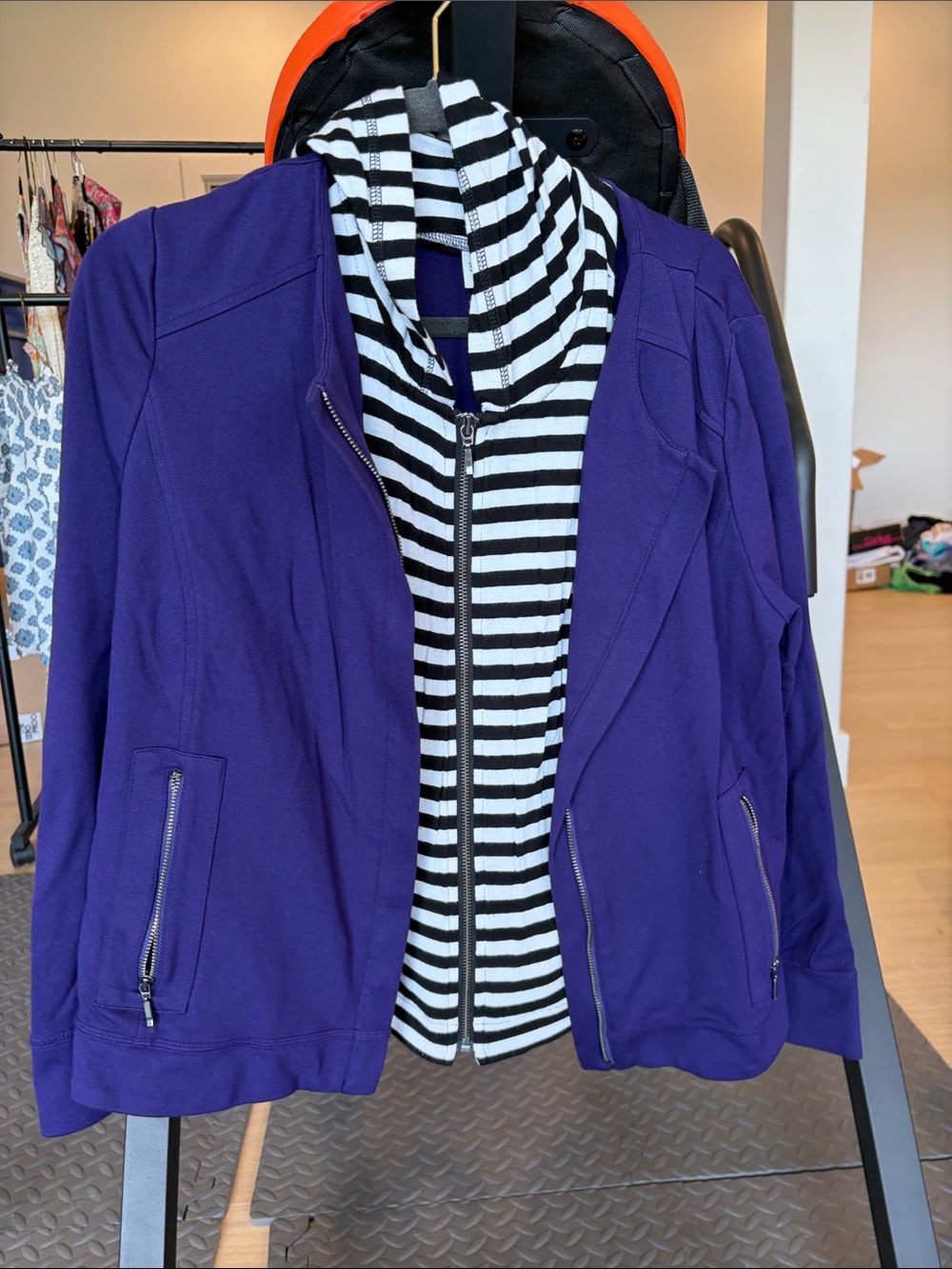 Purple Zip-Front Hoodie Jacket with Black & White Stripe Inner Layer